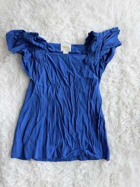 Maeve Anthropologie Blue Square Neck Flutter Sleeve Top